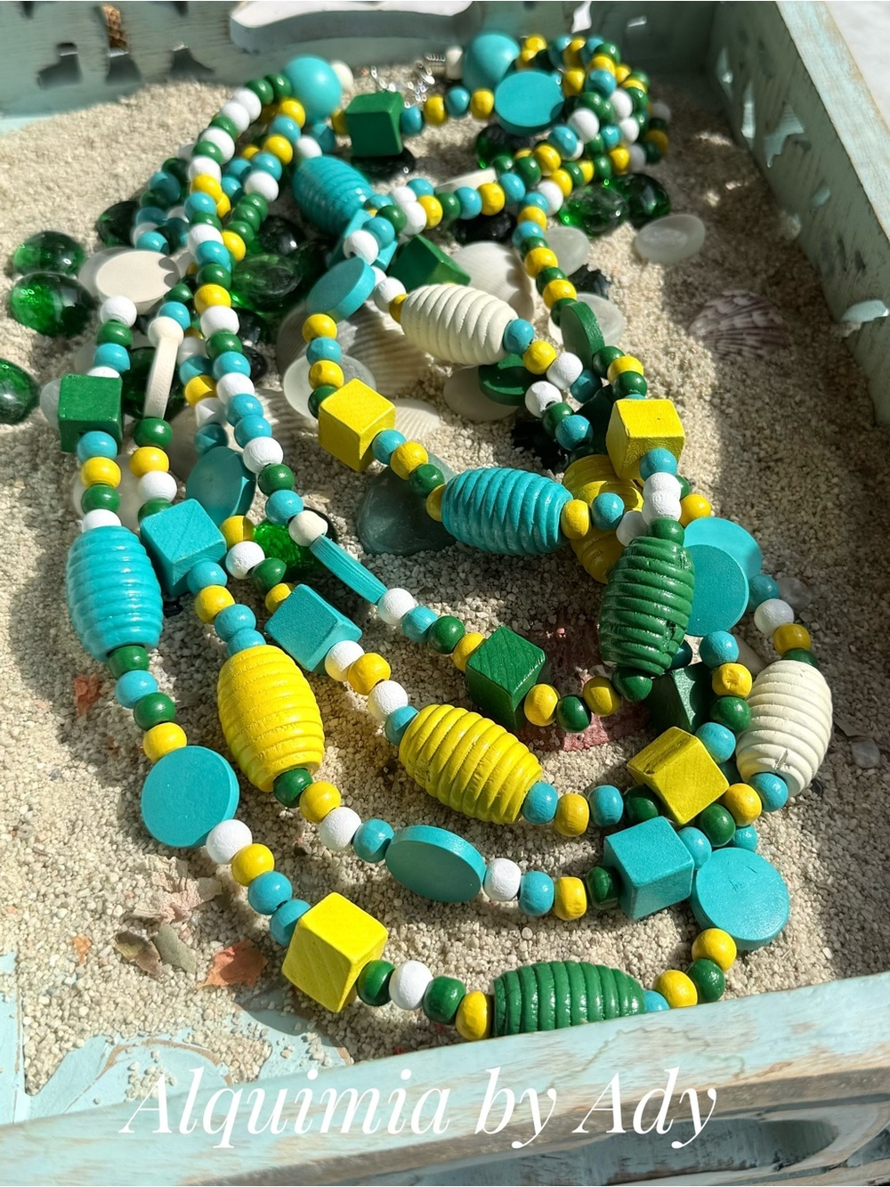 Vacation Multi-Strand Beaded Necklace in Turquoise, Yellow, Green & White